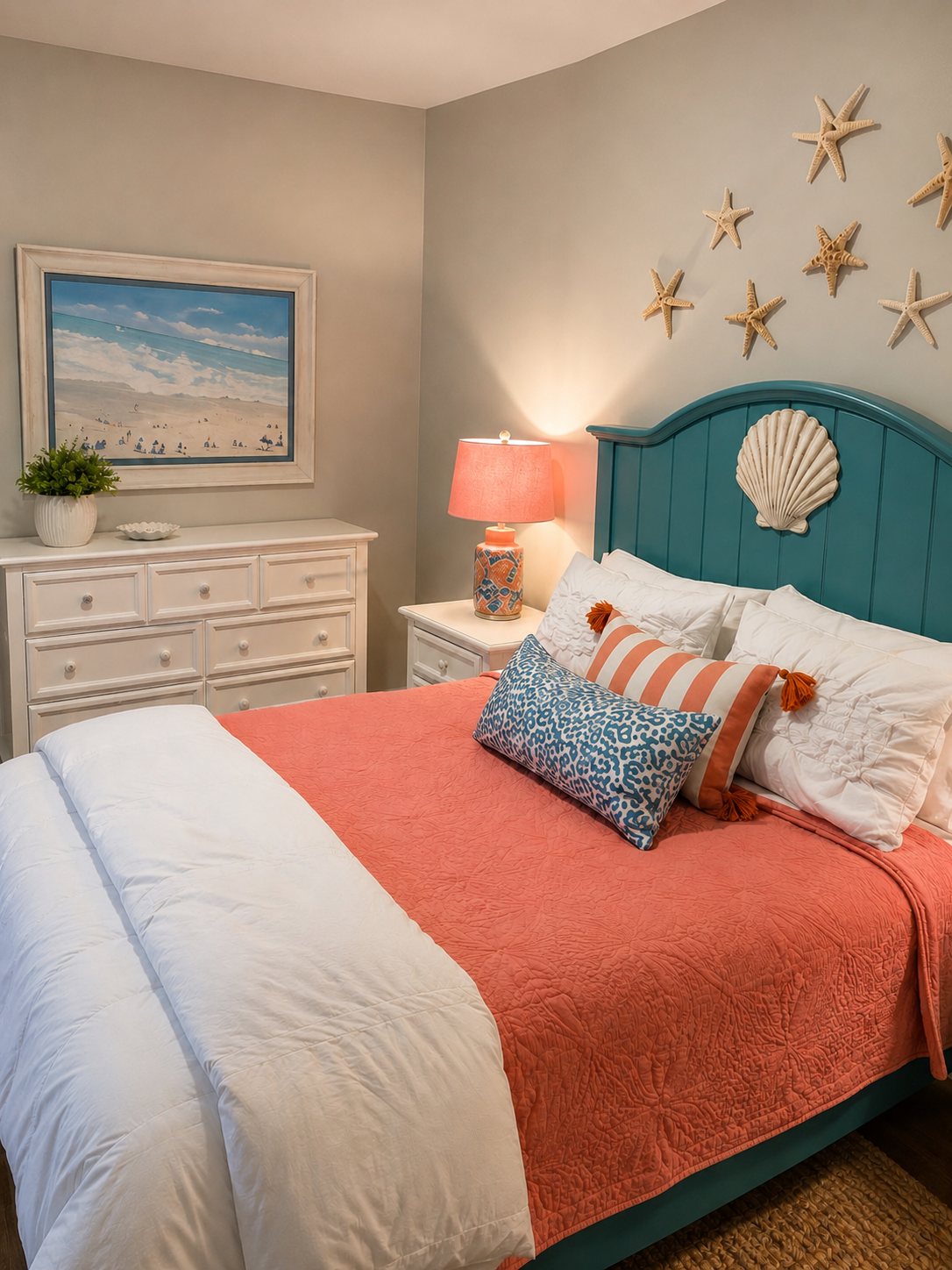 Bedroom with a teal shell headboard, coral bedding and starfish wall decor