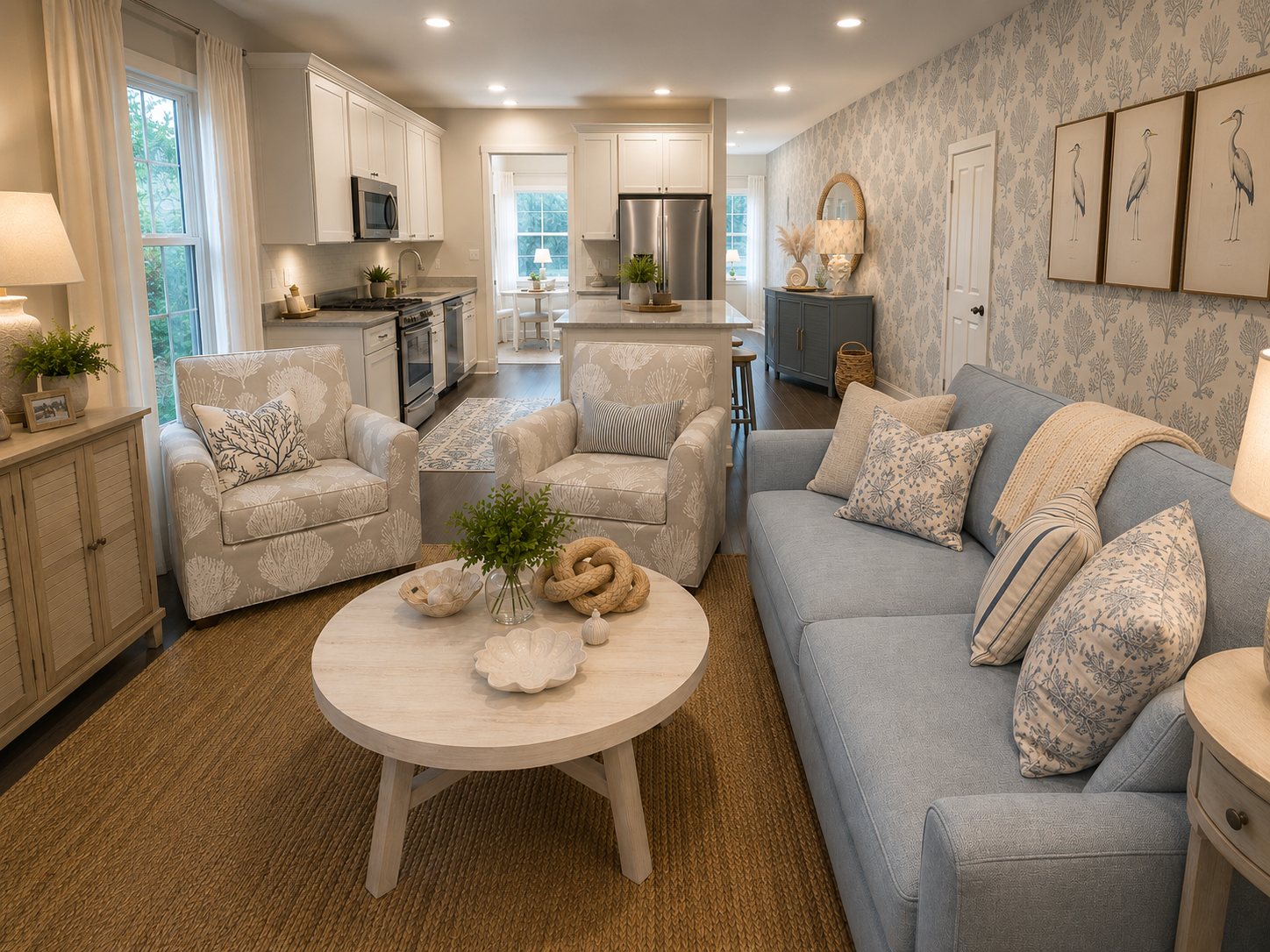 Coastal living room with a blue sofa and patterned armchairs