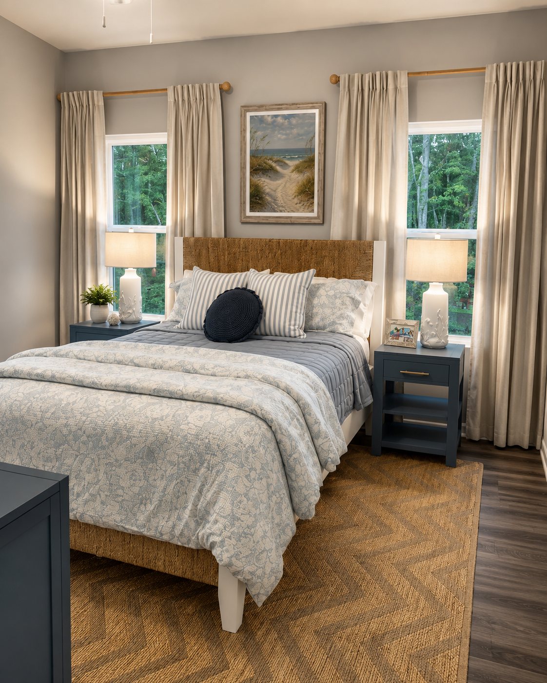 Bedroom with woven headboard, navy nightstands and soft grey bedding