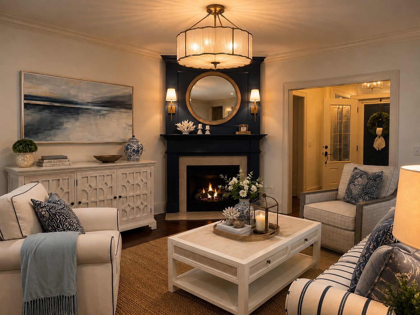 Cozy living room with a navy fireplace wall, round brass mirror and drum pendant, cream armchairs, blue-and-white pillows and a white coffee table
