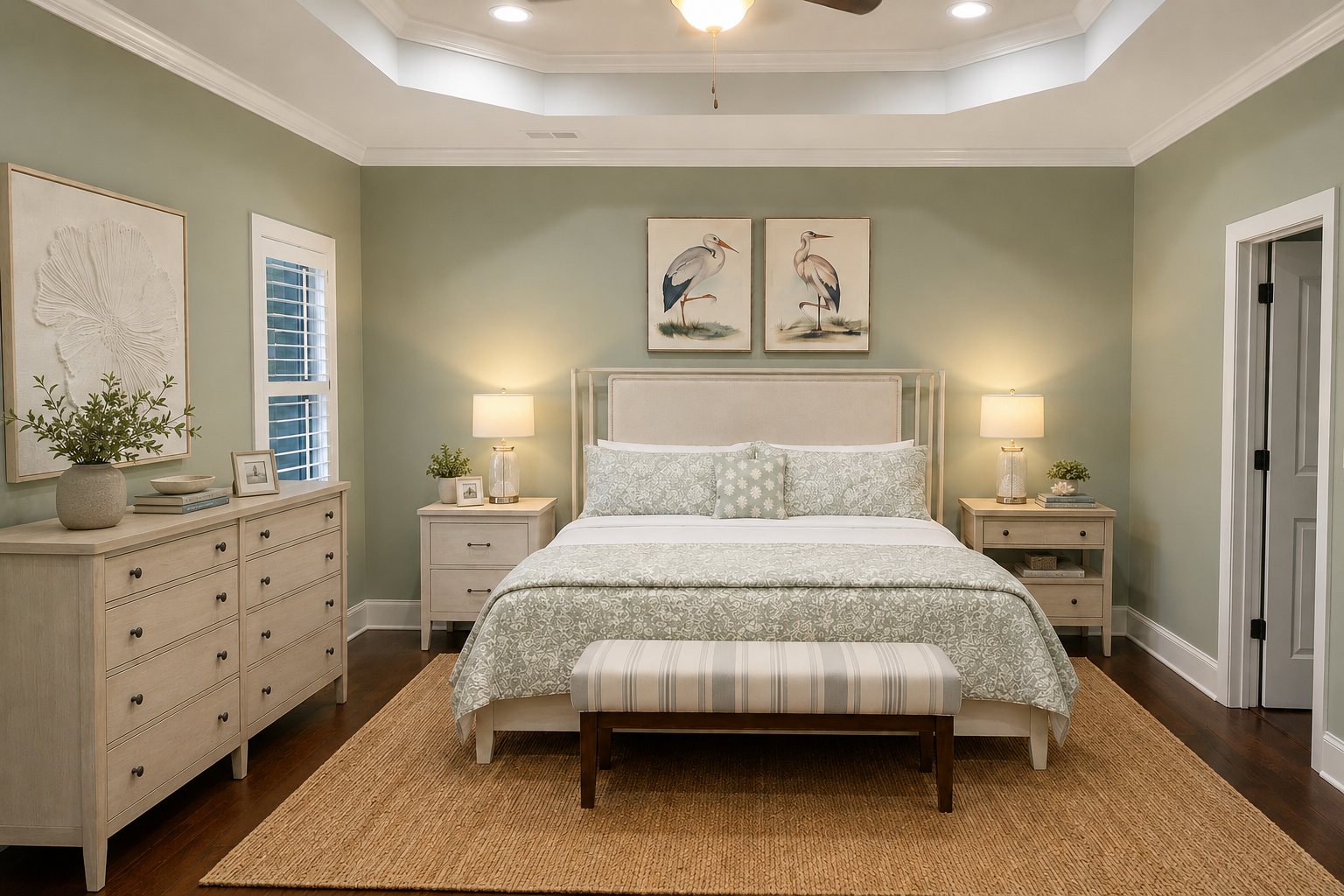 Sage green primary bedroom with heron artwork