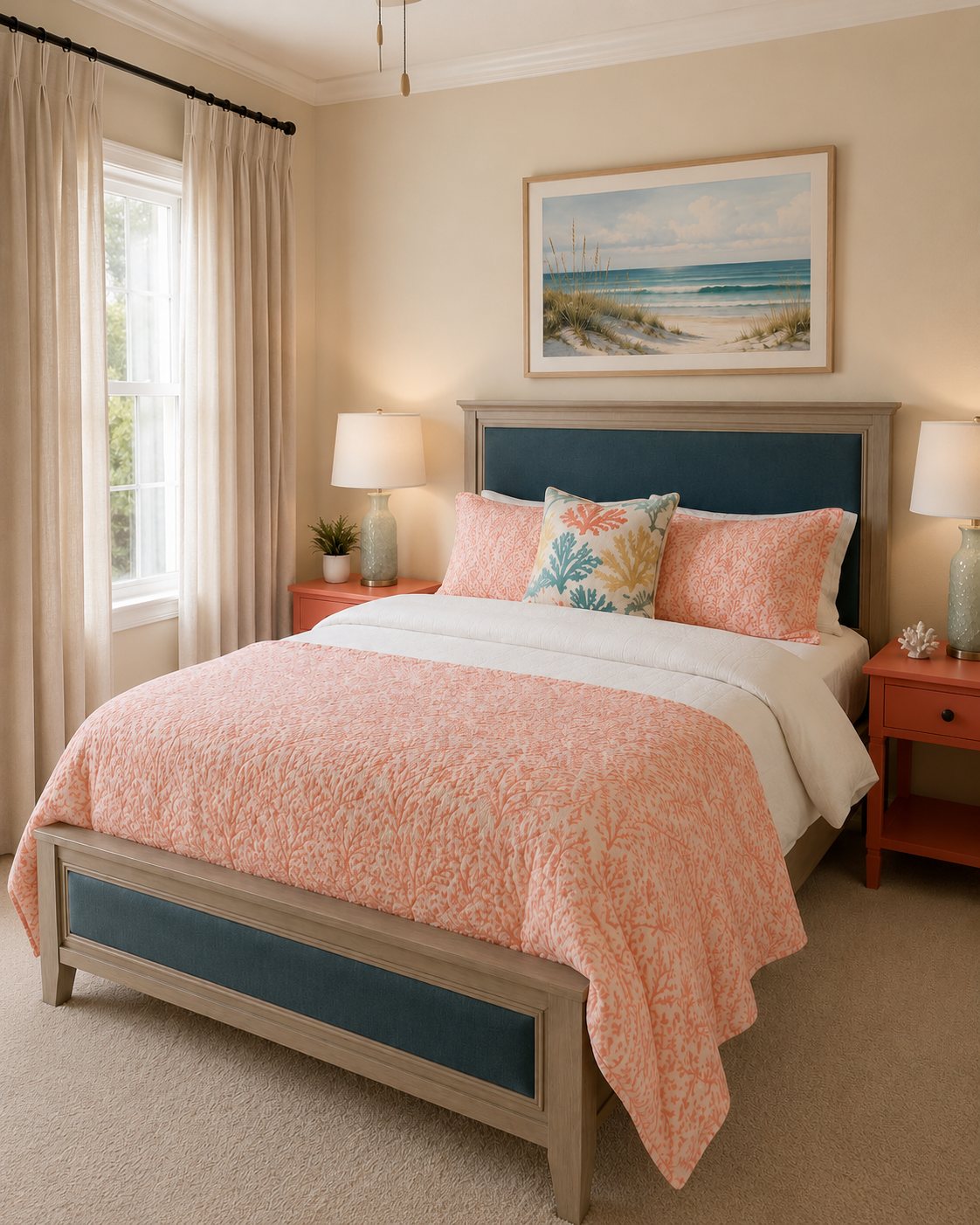 Guest bedroom with coral bedding and a navy upholstered bed