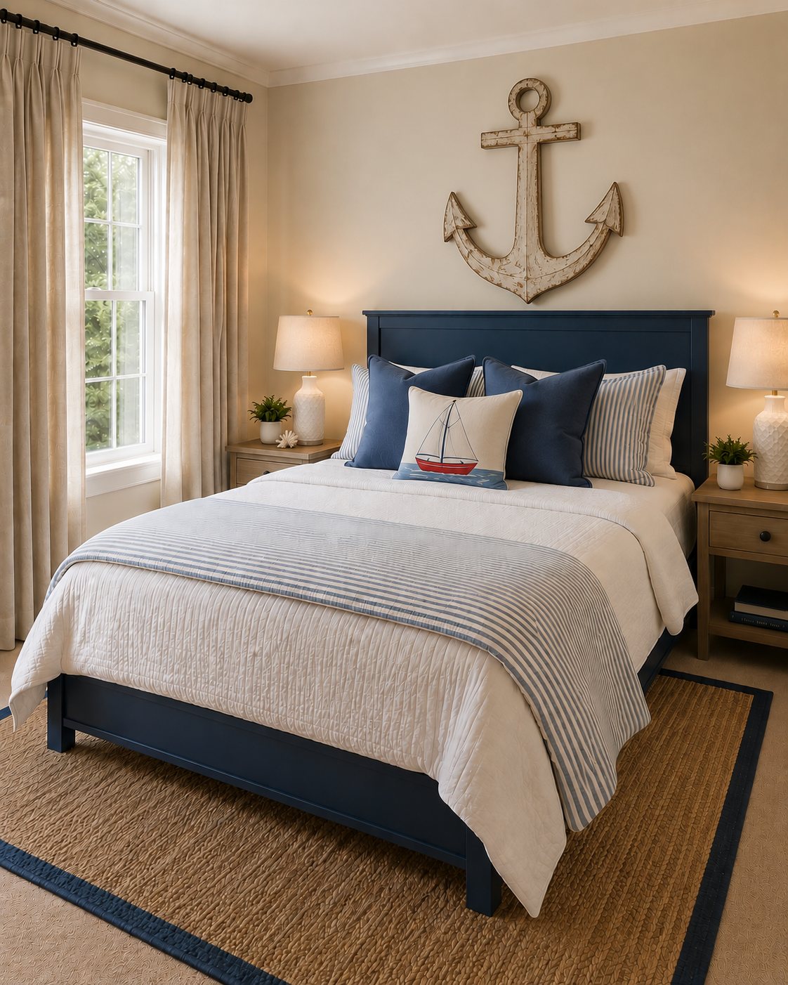Guest bedroom with a navy bed and an anchor above the headboard
